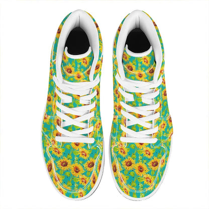 Teal Watercolor Sunflower Pattern Print High Top Leather Sneakers