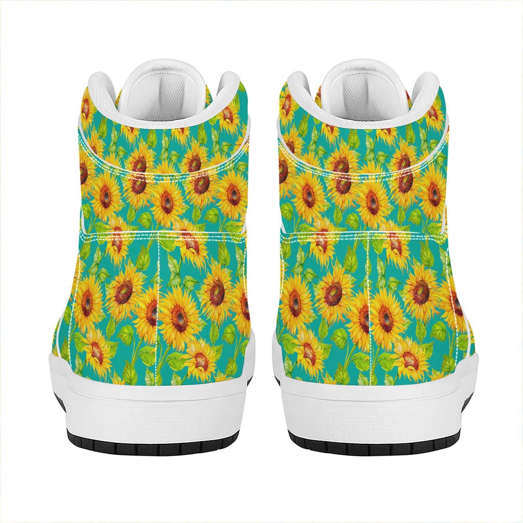 Teal Watercolor Sunflower Pattern Print High Top Leather Sneakers