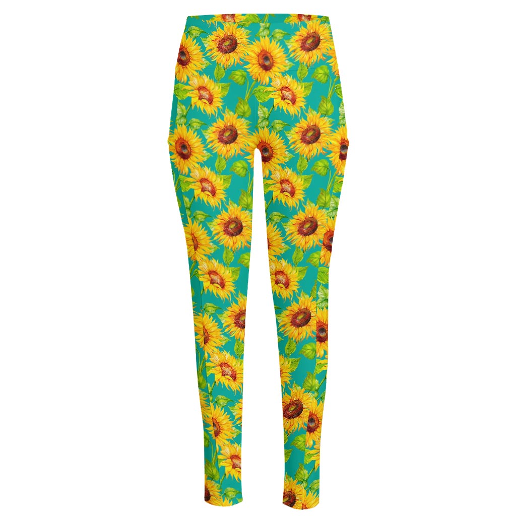 Teal Watercolor Sunflower Pattern Print High-Waisted Pocket Leggings