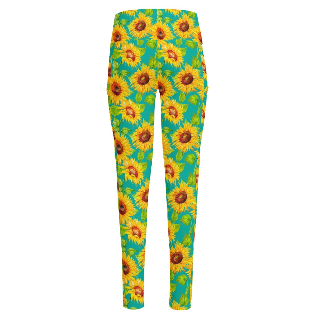 Teal Watercolor Sunflower Pattern Print High-Waisted Pocket Leggings