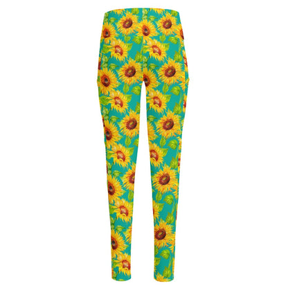 Teal Watercolor Sunflower Pattern Print High-Waisted Pocket Leggings