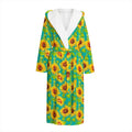 Teal Watercolor Sunflower Pattern Print Hooded Bathrobe