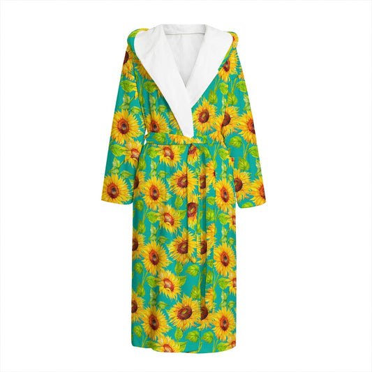 Teal Watercolor Sunflower Pattern Print Hooded Bathrobe