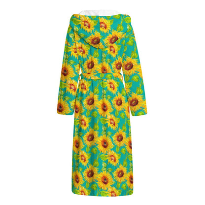 Teal Watercolor Sunflower Pattern Print Hooded Bathrobe