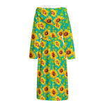 Teal Watercolor Sunflower Pattern Print Hooded Bathrobe