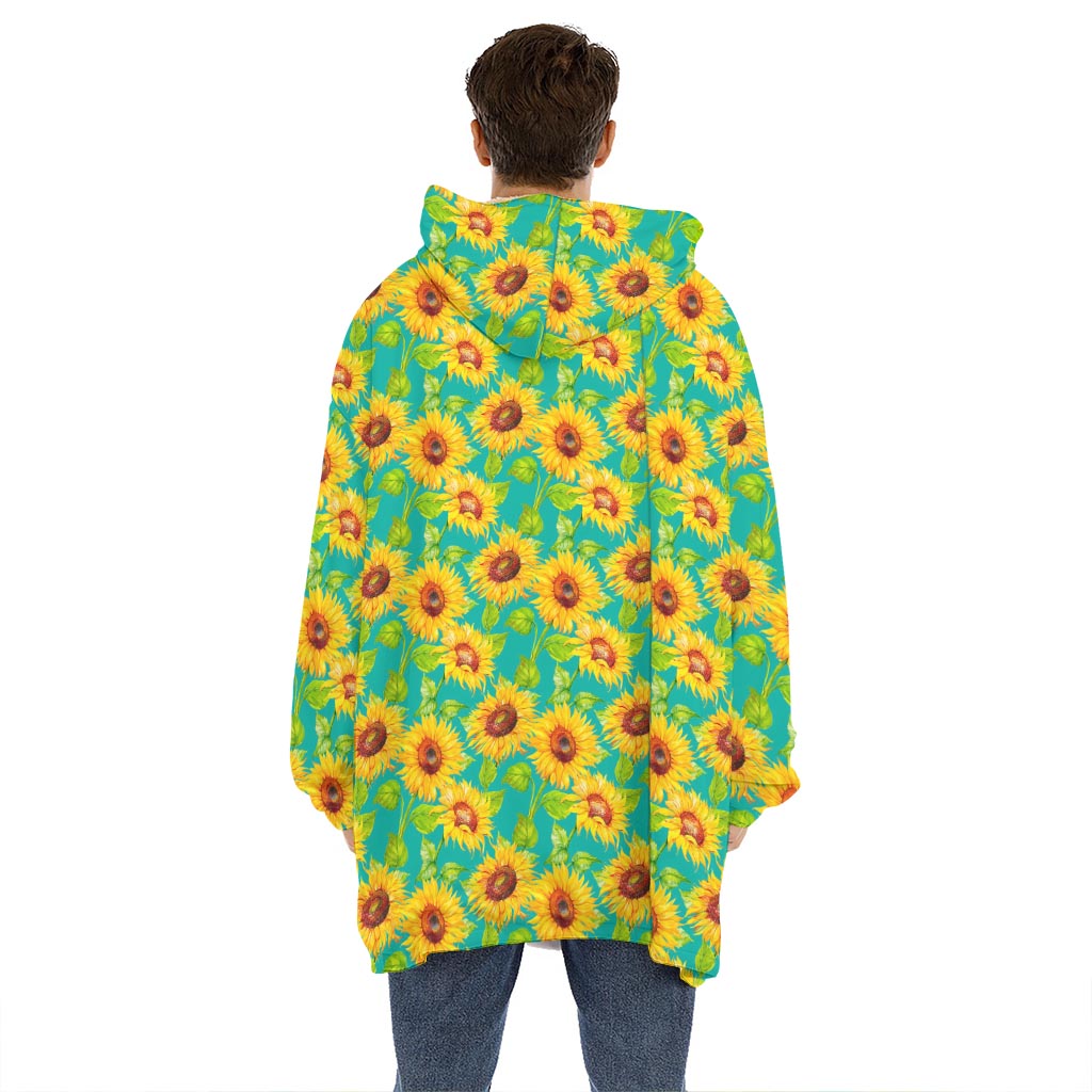 Teal Watercolor Sunflower Pattern Print Hoodie Blanket