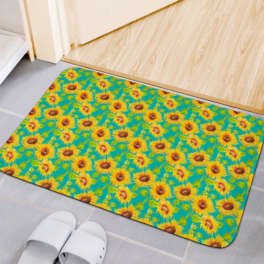 Teal Watercolor Sunflower Pattern Print Indoor Door Mat