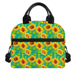 Teal Watercolor Sunflower Pattern Print Insulated Lunch Bag