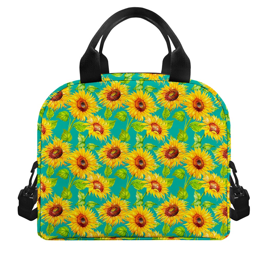 Teal Watercolor Sunflower Pattern Print Insulated Lunch Bag