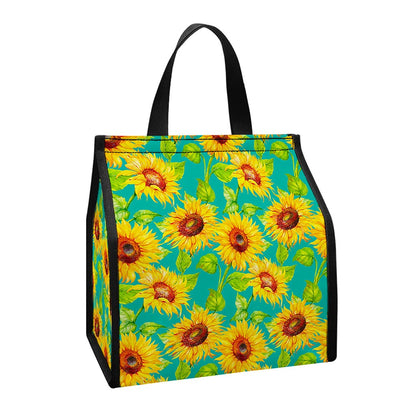 Teal Watercolor Sunflower Pattern Print Insulated Lunch Tote