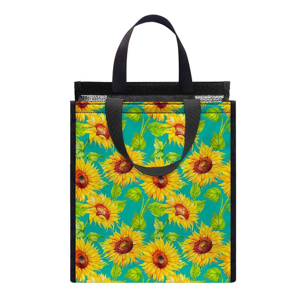 Teal Watercolor Sunflower Pattern Print Insulated Lunch Tote