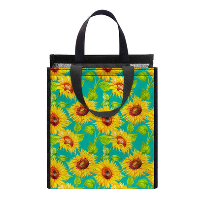Teal Watercolor Sunflower Pattern Print Insulated Lunch Tote
