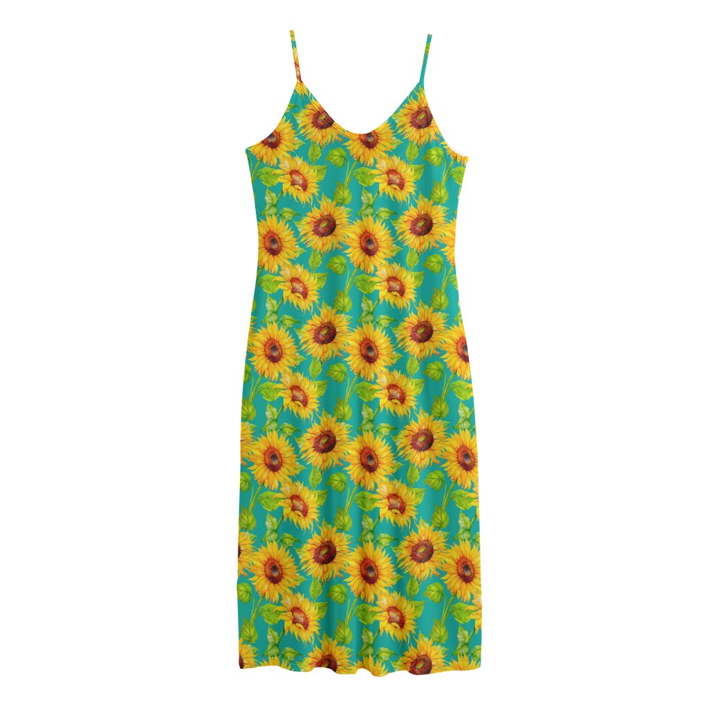 Teal Watercolor Sunflower Pattern Print Jersey Midi Cami Dress