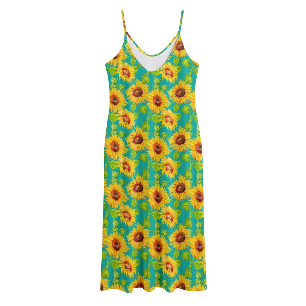 Teal Watercolor Sunflower Pattern Print Jersey Midi Cami Dress