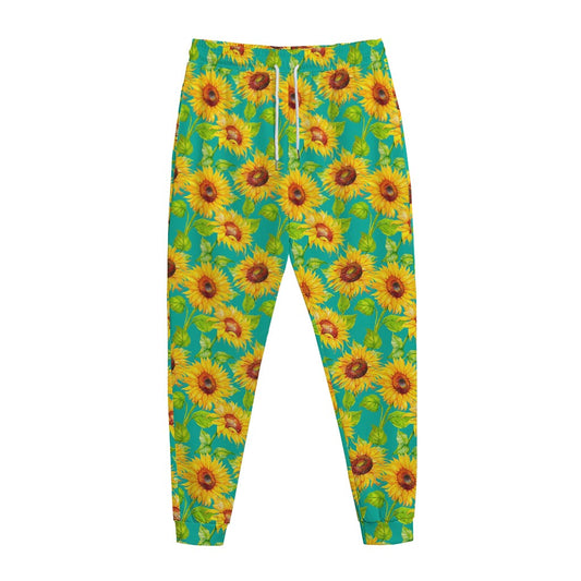 Teal Watercolor Sunflower Pattern Print Jogger Pants