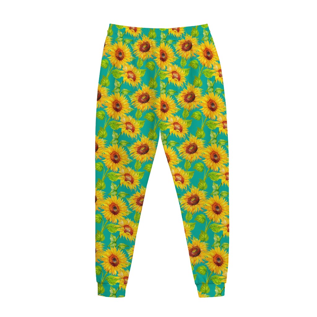 Teal Watercolor Sunflower Pattern Print Jogger Pants
