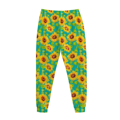 Teal Watercolor Sunflower Pattern Print Jogger Pants
