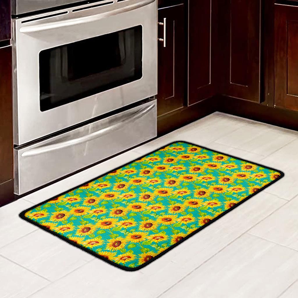 Teal Watercolor Sunflower Pattern Print Kitchen Mat