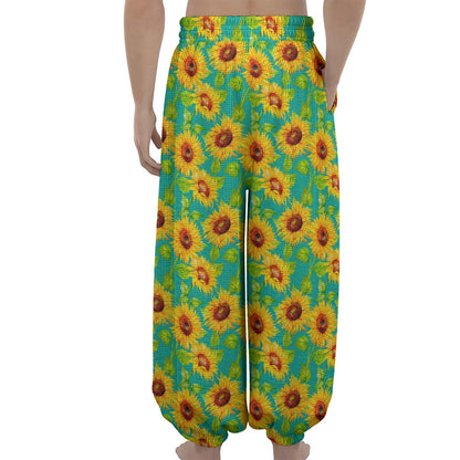 Teal Watercolor Sunflower Pattern Print Lantern Pants