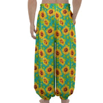 Teal Watercolor Sunflower Pattern Print Lantern Pants