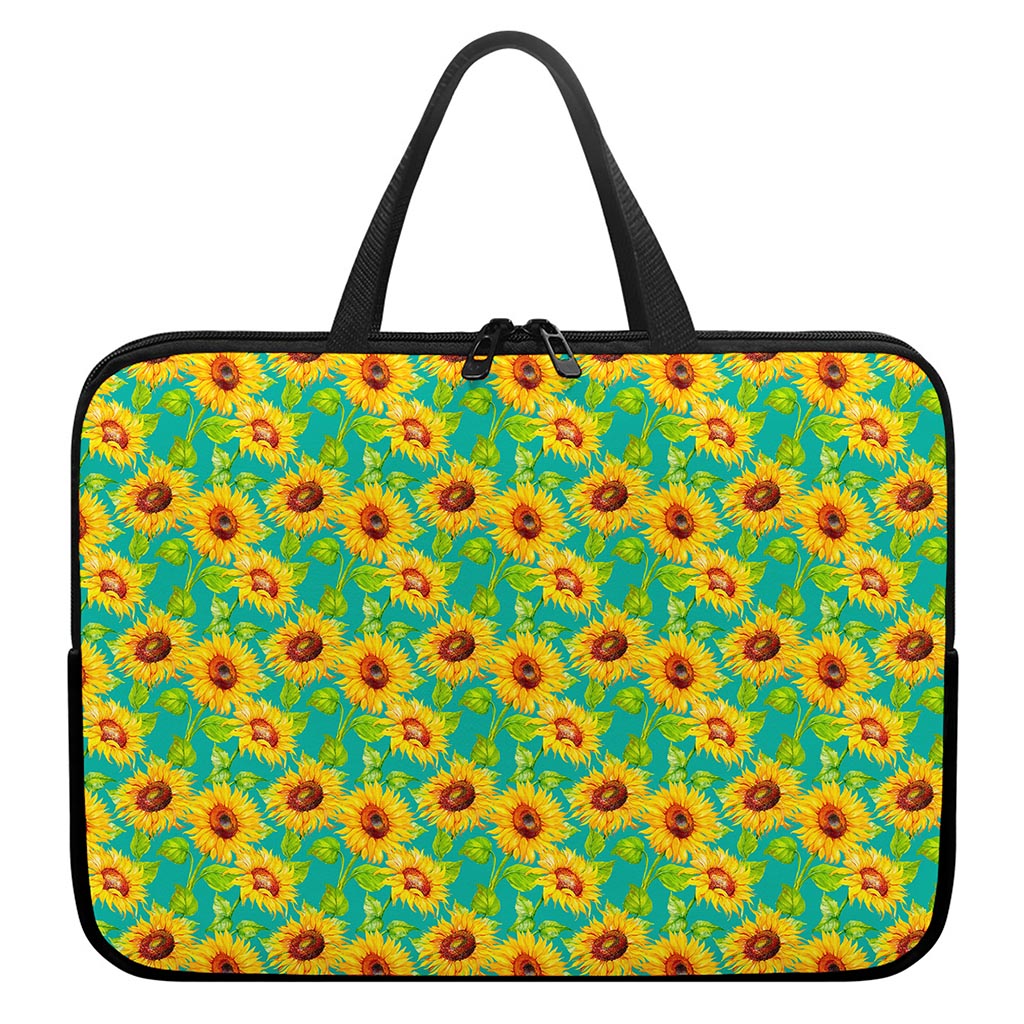 Teal Watercolor Sunflower Pattern Print Laptop Sleeve With Handle