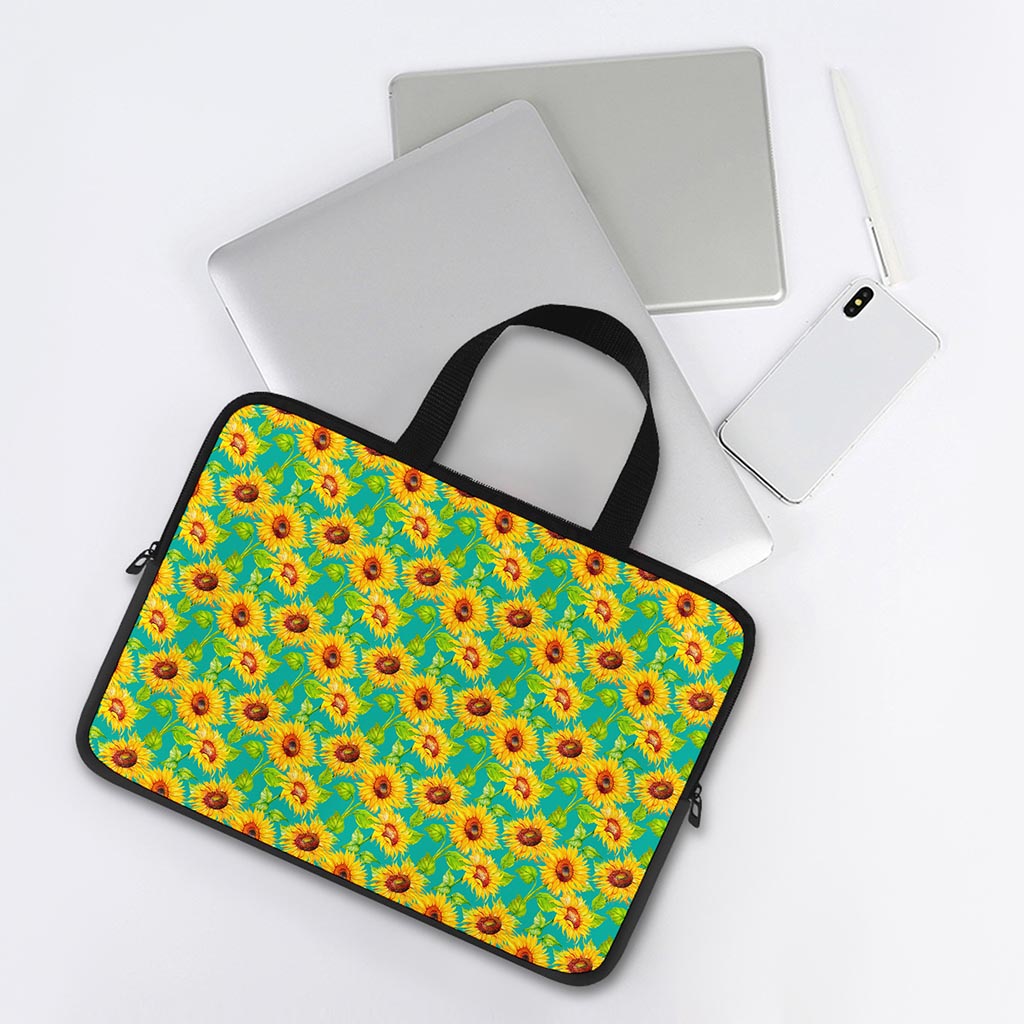Teal Watercolor Sunflower Pattern Print Laptop Sleeve With Handle