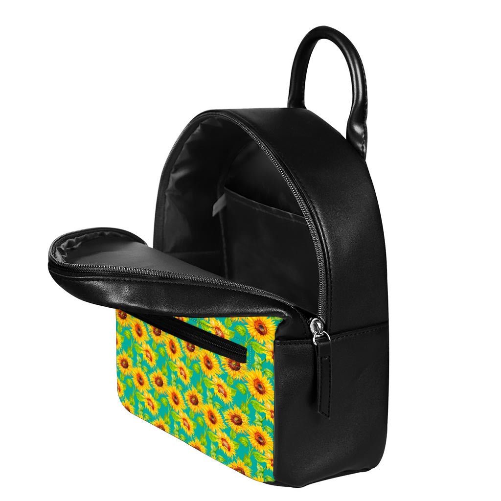 Teal Watercolor Sunflower Pattern Print Leather Backpack