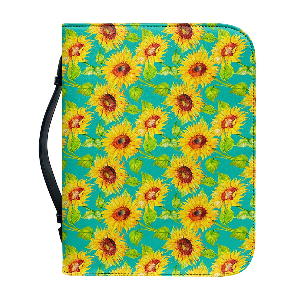 Teal Watercolor Sunflower Pattern Print Leather Bible Cover