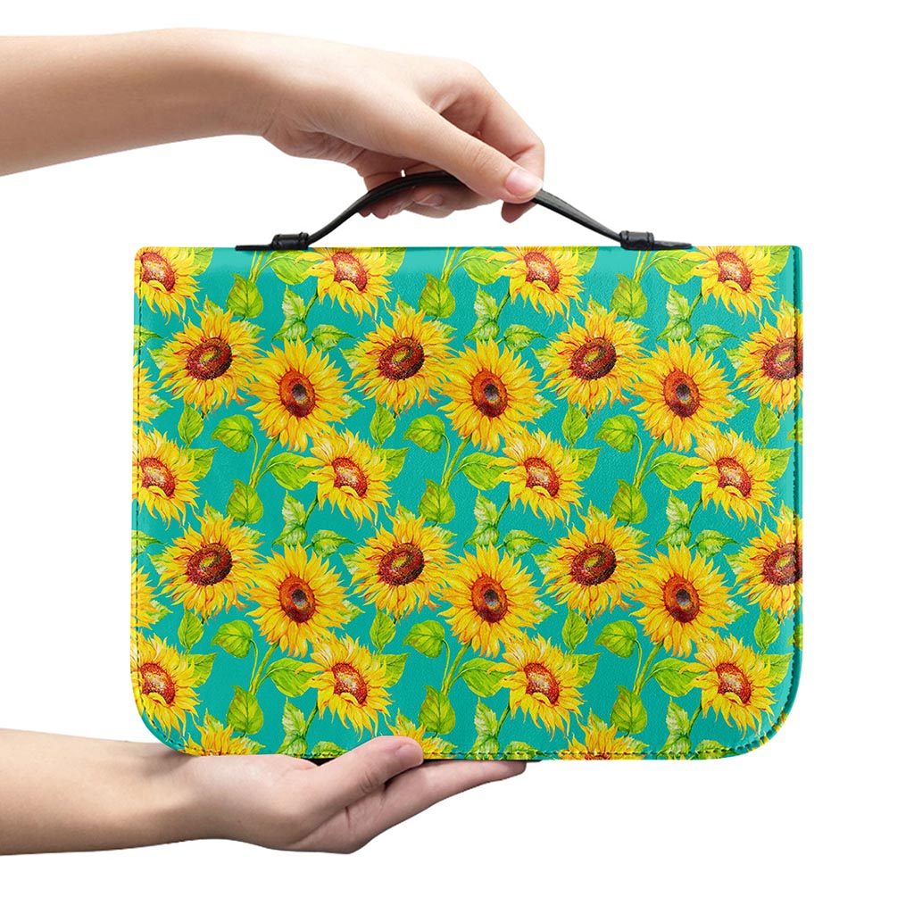 Teal Watercolor Sunflower Pattern Print Leather Bible Cover