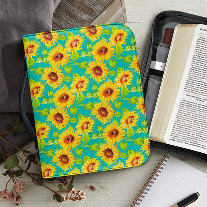 Teal Watercolor Sunflower Pattern Print Leather Bible Cover