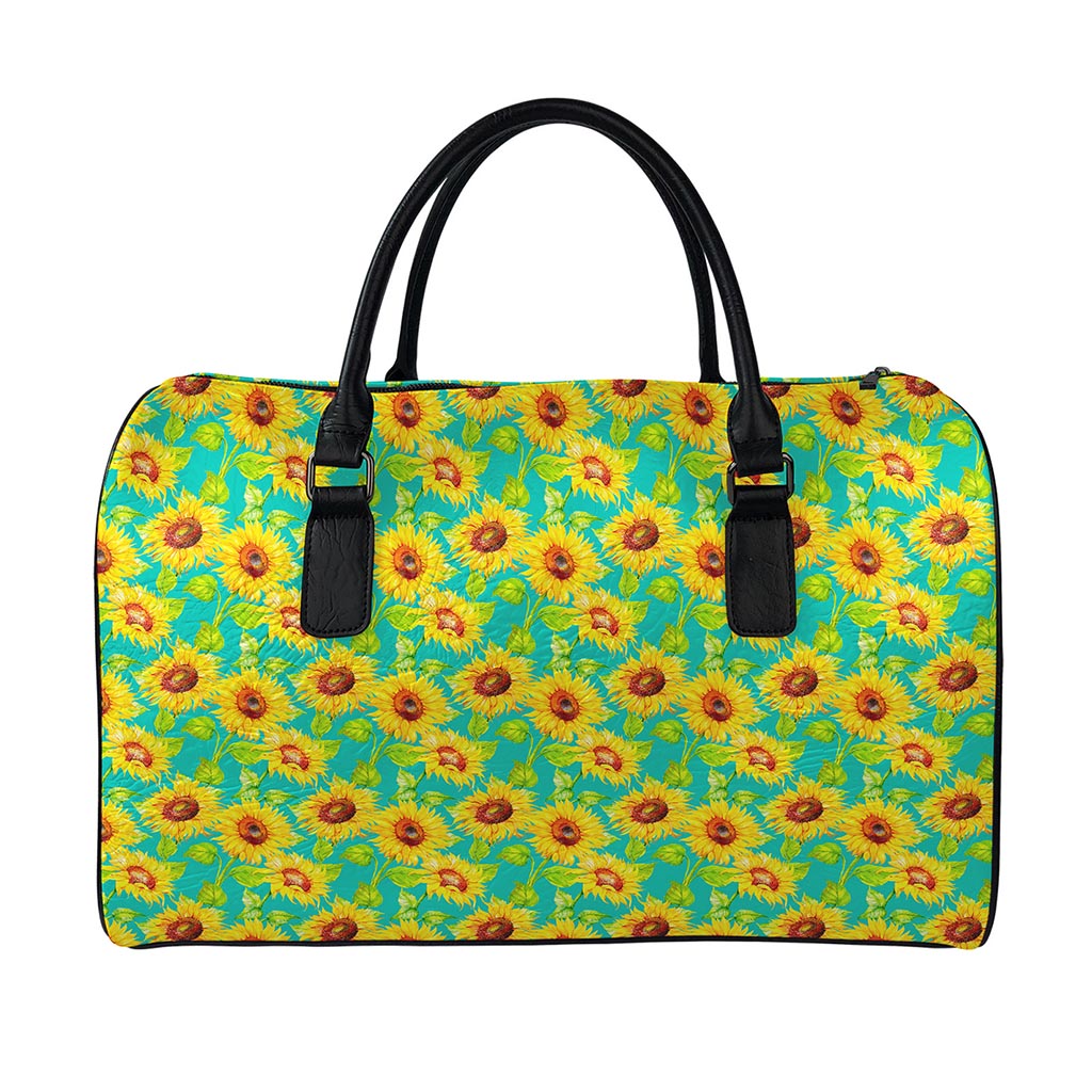 Teal Watercolor Sunflower Pattern Print Leather Duffle Bag