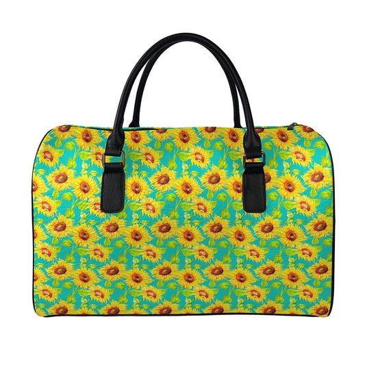 Teal Watercolor Sunflower Pattern Print Leather Duffle Bag