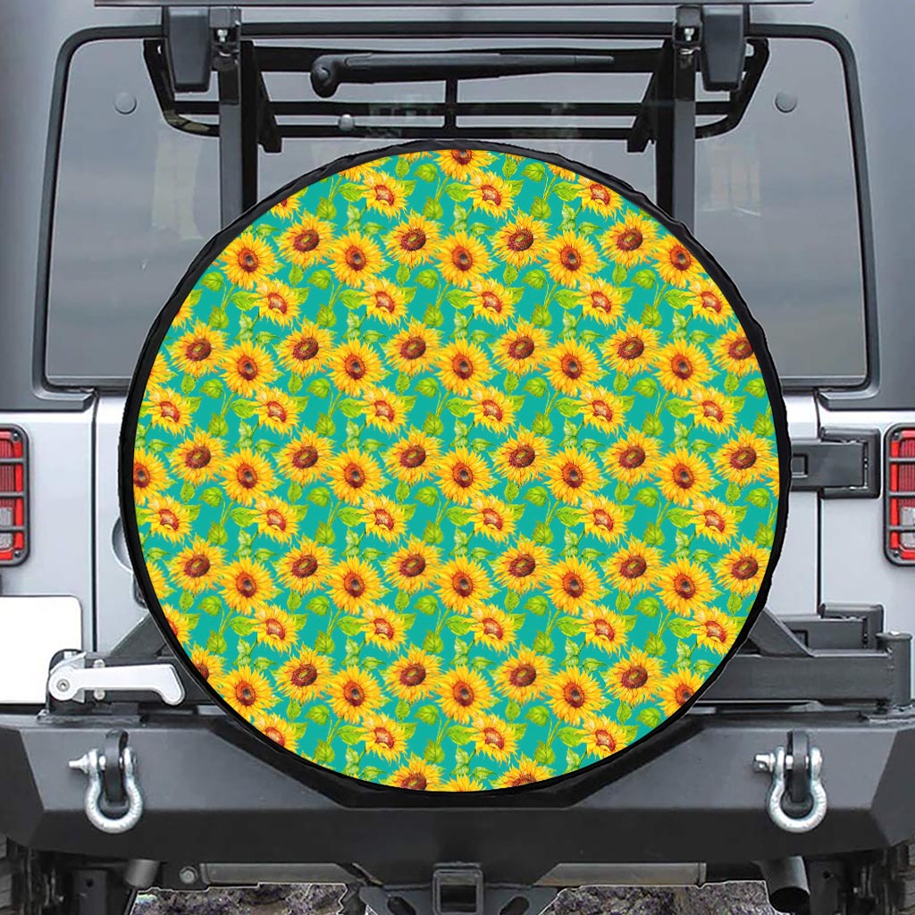 Teal Watercolor Sunflower Pattern Print Leather Spare Tire Cover