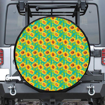 Teal Watercolor Sunflower Pattern Print Leather Spare Tire Cover