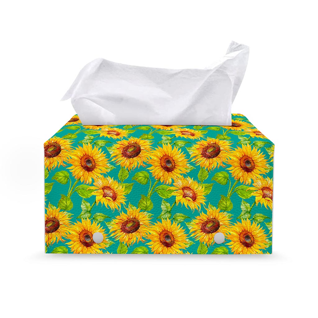 Teal Watercolor Sunflower Pattern Print Leather Tissue Box Cover