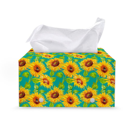 Teal Watercolor Sunflower Pattern Print Leather Tissue Box Cover