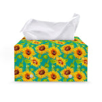 Teal Watercolor Sunflower Pattern Print Leather Tissue Box Cover