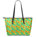 Teal Watercolor Sunflower Pattern Print Leather Tote Bag With Zipper