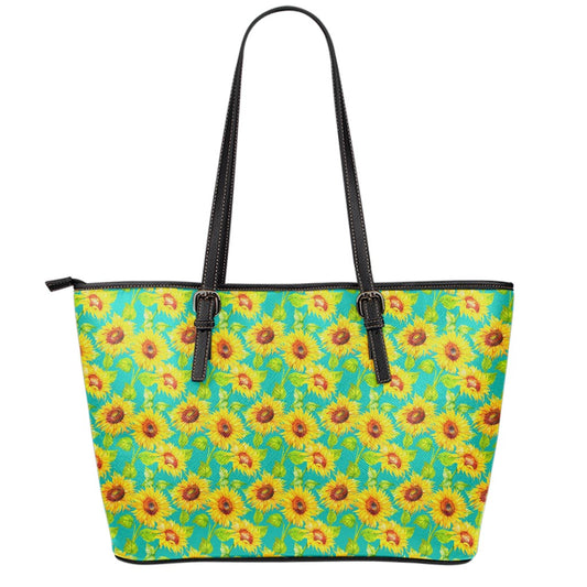Teal Watercolor Sunflower Pattern Print Leather Tote Bag