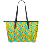 Teal Watercolor Sunflower Pattern Print Leather Tote Bag