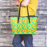 Teal Watercolor Sunflower Pattern Print Leather Tote Bag