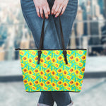 Teal Watercolor Sunflower Pattern Print Leather Tote Bag