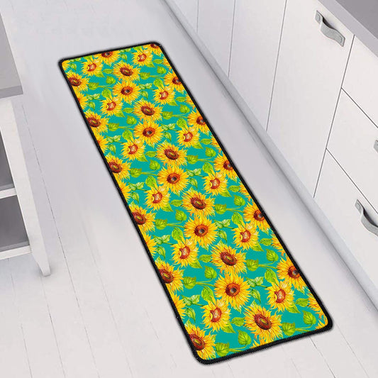 Teal Watercolor Sunflower Pattern Print Long Kitchen Mat