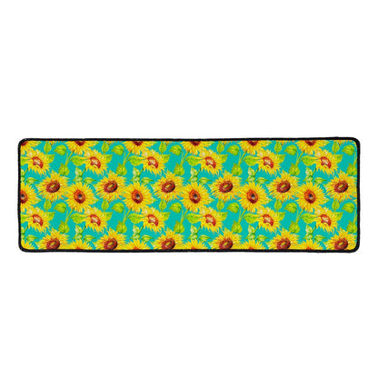 Teal Watercolor Sunflower Pattern Print Long Kitchen Mat