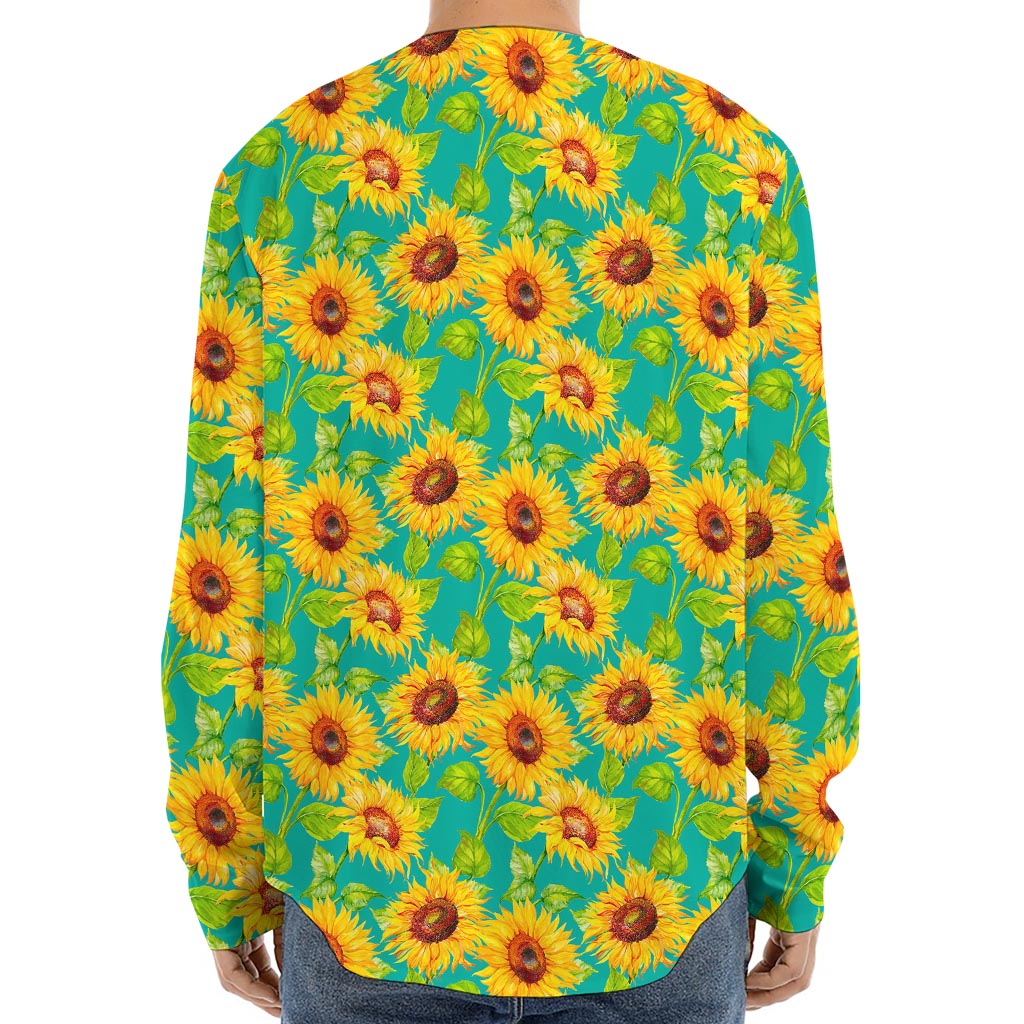 Teal Watercolor Sunflower Pattern Print Long Sleeve Baseball Jersey