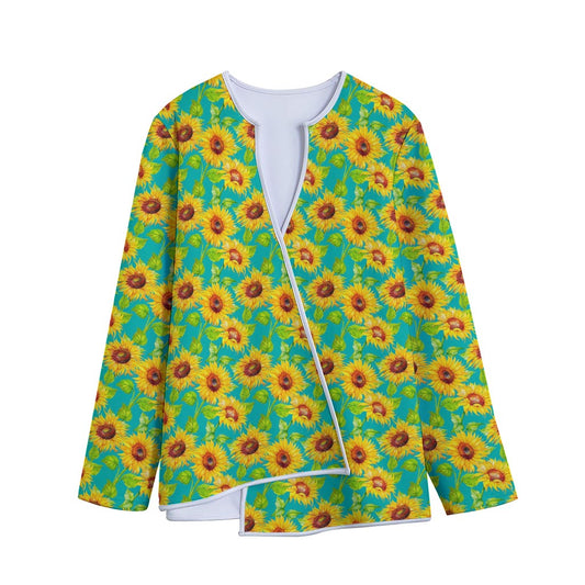 Teal Watercolor Sunflower Pattern Print Long Sleeve Short Coat