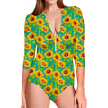 Teal Watercolor Sunflower Pattern Print Long Sleeve Swimsuit