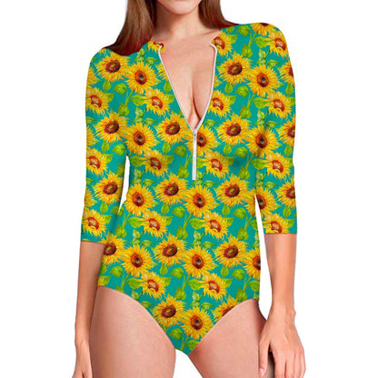 Teal Watercolor Sunflower Pattern Print Long Sleeve Swimsuit
