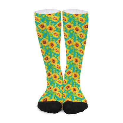 Teal Watercolor Sunflower Pattern Print Long Socks