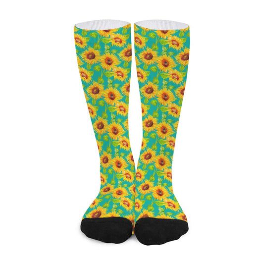 Teal Watercolor Sunflower Pattern Print Long Socks